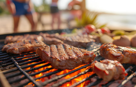Barbecue meat steak on grille on people party seaside blurred background, sunny dayの素材