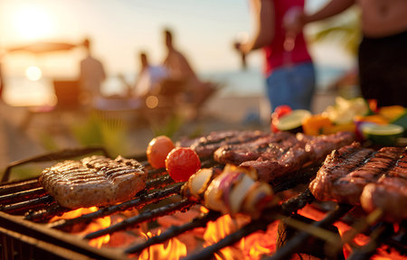 Barbecue meat and vegetables on grille on people party seaside blurred background, sunny dayの素材