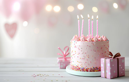 pink birthday cake with candles and gift boxes on white wooden table on blurred white party backgroundの素材