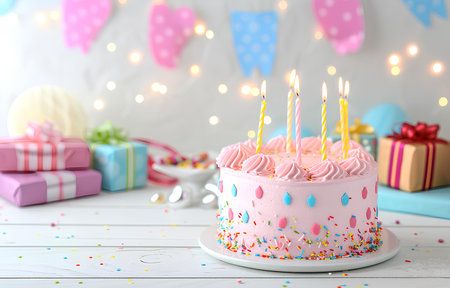 pink birthday cake with candles and gift boxes on white wooden table on blurred white party backgroundの素材
