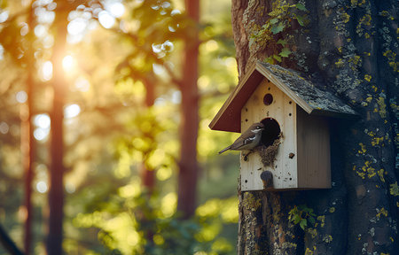 Birdhouse, nesting box on the tree trunk in the summer forest, sunny dayの素材