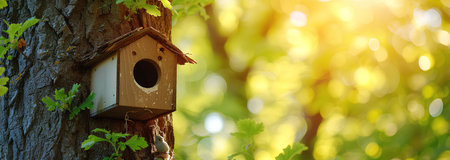 Birdhouse, nesting box on the tree trunk in the summer forest, sunny dayの素材