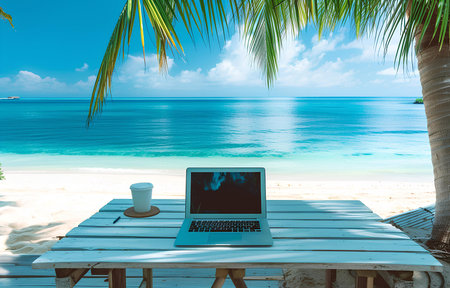 working place with silver laptop on white wooden table over beautiful summer tropic seaside backgroundの素材