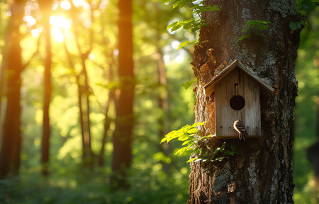 Birdhouse, nesting box on the tree trunk in the summer forest, sunny dayの素材