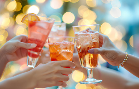 Hands holding glasses of coctail, people cheering with glasses on pastel bokeh backgroundの素材