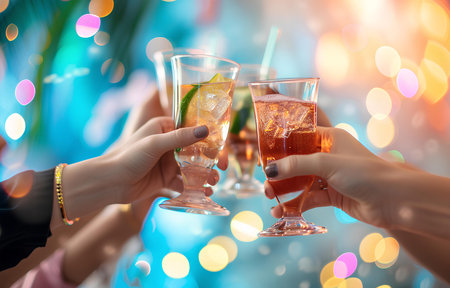 Hands holding glasses of coctail, people cheering with glasses on pastel bokeh backgroundの素材