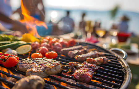 Barbecue meat and vegetables on grille on people party seaside blurred background, sunny dayの素材
