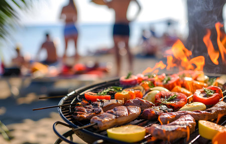 Barbecue meat and vegetables on grille on people party seaside blurred background, sunny dayの素材