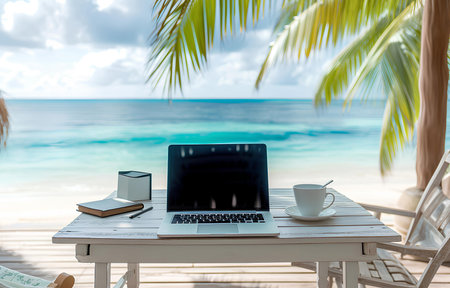 working place with silver laptop on white wooden table over beautiful summer tropic seaside backgroundの素材