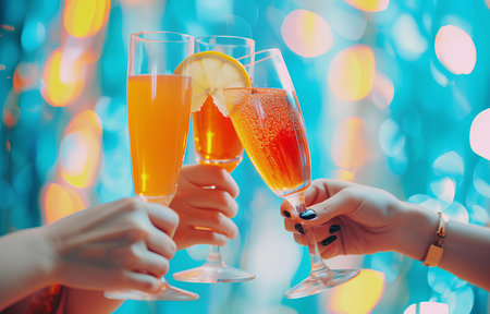 Hands holding glasses of coctail, people cheering with glasses on pastel bokeh backgroundの素材