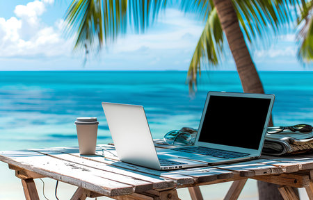 working place with silver laptop on white wooden table over beautiful summer tropic seaside backgroundの素材