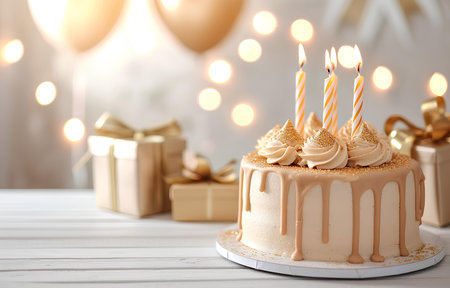 golden birthday cake with candles and gift boxes on white wooden table on blurred white party backgroundの素材