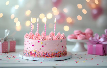 pink birthday cake with candles and gift boxes on white wooden table on blurred white party backgroundの素材