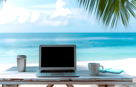 working place with silver laptop on white wooden table over beautiful summer tropic seaside backgroundの素材