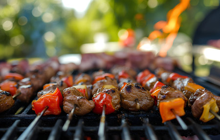 Barbecue meat and vegetables on grille on people party seaside blurred background, sunny dayの素材