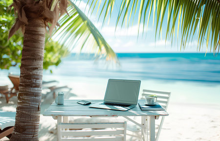 working place with silver laptop on white wooden table over beautiful summer tropic seaside backgroundの素材