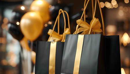 black shopping bags with gold ribbon on gold and black balloons blurred backgroundの素材