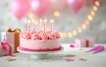 pink birthday cake with candles and gift boxes on white wooden table on blurred white party backgroundの素材