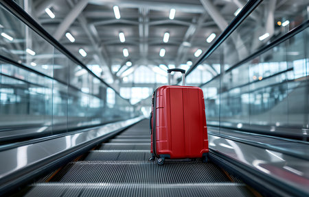 modern color suitcase stands on the metal escalator on blurred white airport backgroundの素材
