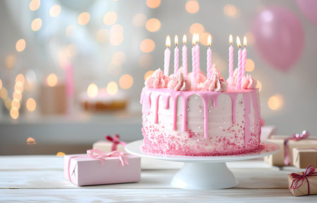 pink birthday cake with candles and gift boxes on white wooden table on blurred white party backgroundの素材