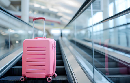 modern color suitcase stands on the metal escalator on blurred white airport backgroundの素材