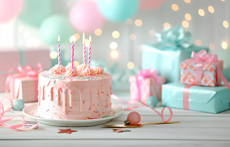 pink birthday cake with candles and gift boxes on white wooden table on blurred white party backgroundの素材