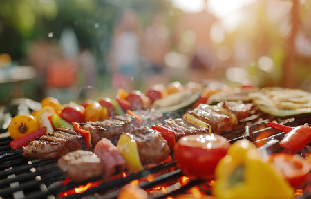 Barbecue meat and vegetables on grille on people party seaside blurred background, sunny dayの素材