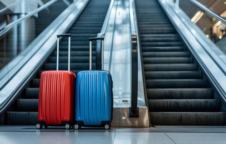 modern two suitcases stand on the metal escalator on blurred white airport backgroundの素材