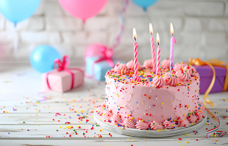 pink birthday cake with candles and gift boxes on white wooden table on blurred white party backgroundの素材