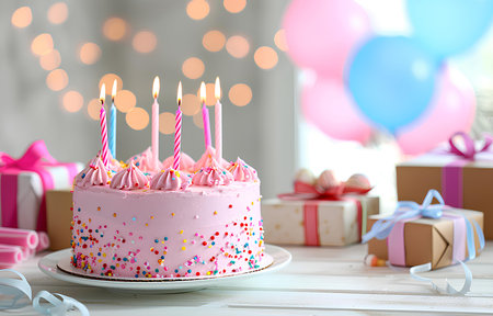 pink birthday cake with candles and gift boxes on white wooden table on blurred white party backgroundの素材