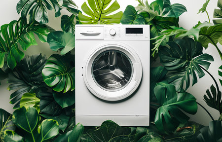 White washing machine with green leaves in it eco conceptの素材