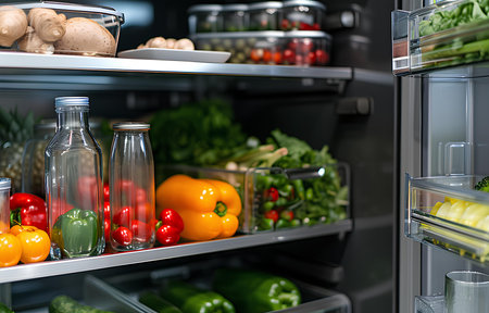openned metal modern fridge with vegetables in itの素材
