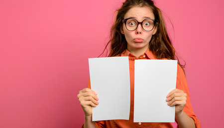 Young cute woman holding empty blank white paper on pink backgroundの素材