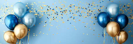 golden and blue metallic balloons, confetti and ribbons on pastel blue wall banner backgroundの素材