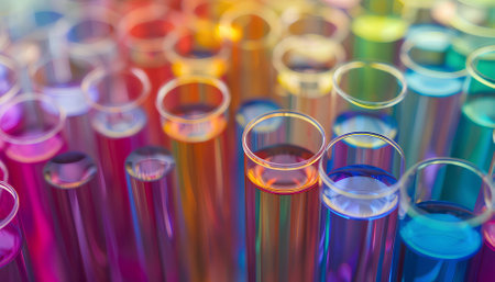 Many test tubes with colorful chemical liquidsの素材