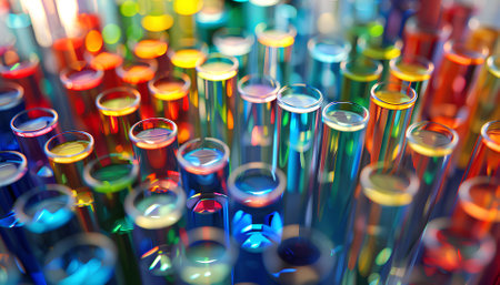 Many test tubes with colorful chemical liquidsの素材