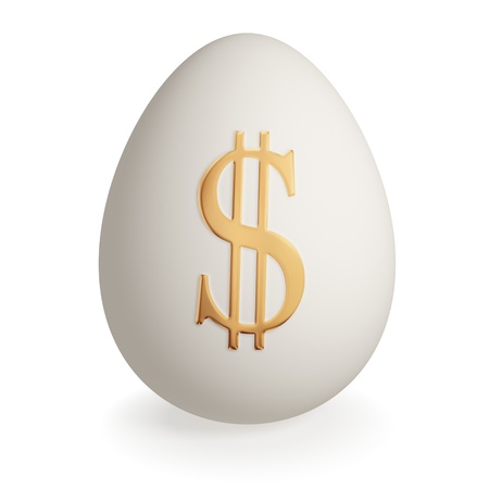 Earnings growth concept. Egg with golden dollar sign isolated on white.の写真素材