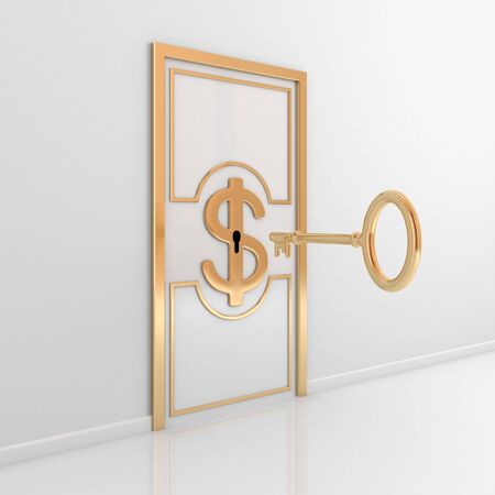 Abstract door with golden ornate frame, dollar sign in the middle and antique key. 3d rendered.の写真素材