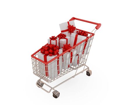Shopping trolley with presents. Isolated on white background.の写真素材
