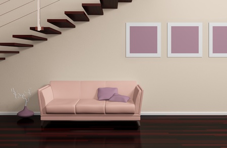Modern interior composition with beige sofa, pictures on the wall and stairs