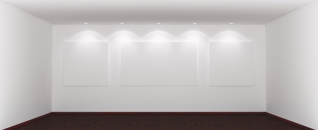 Wide and spacious empty room with blank wite pictures on wall. 3d rendered.