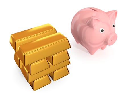 Stack of golden bars and pink piggy bank. Isolated on white. 3d rendered.の写真素材
