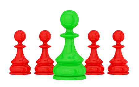 Four red pawns and a green one.  Teamwork concept. Isolated on white.の写真素材
