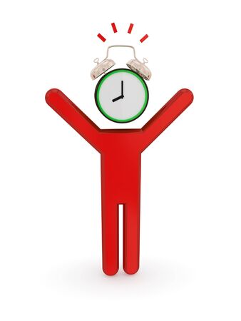 3d small person with a watch Instead of a head. Isolated on white background.の写真素材