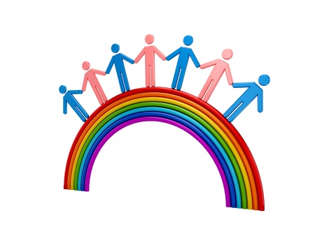 3d small people standing on a rainbow. Isolated on white background.の写真素材