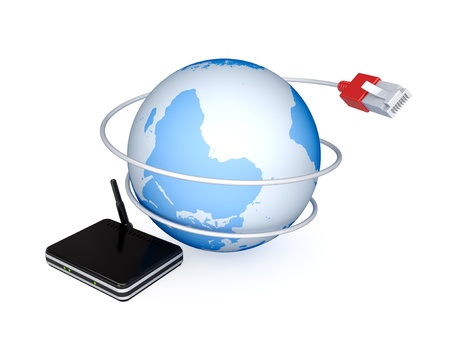 Router, Earth and patchcord. 3d rendered. Isolated on white background.