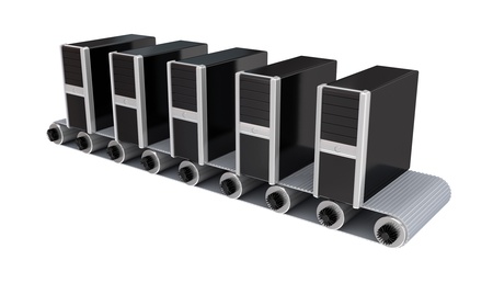 PC towers on conveyor. 3d rendered. Isolated on white.
