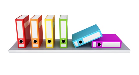 Colorful office folder on a shelf. 3D rendered. Isolated on white background.の写真素材