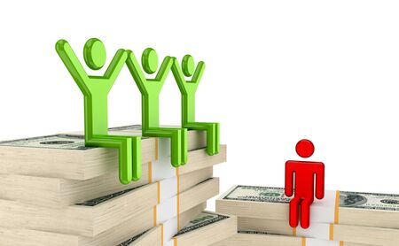 3d small people and money packs. Isolated on white background.の写真素材