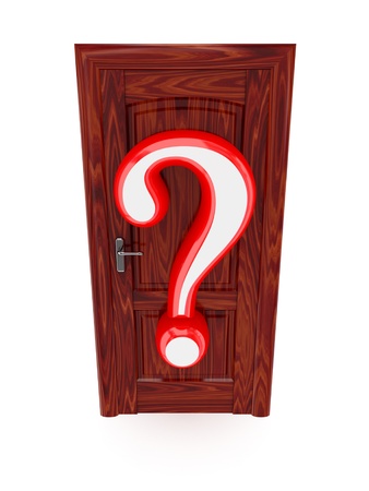 Wooden door and red query sign.3d rendered.Isolated on white background.の写真素材